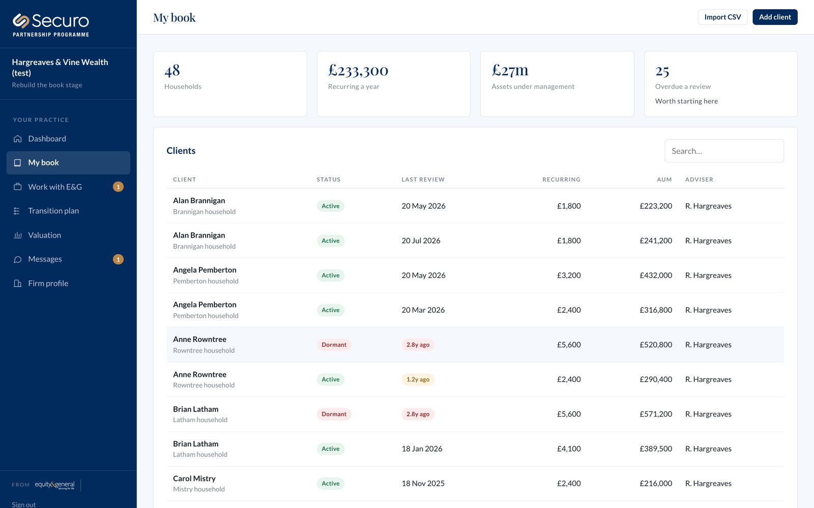 The client list in the Securo adviser portal