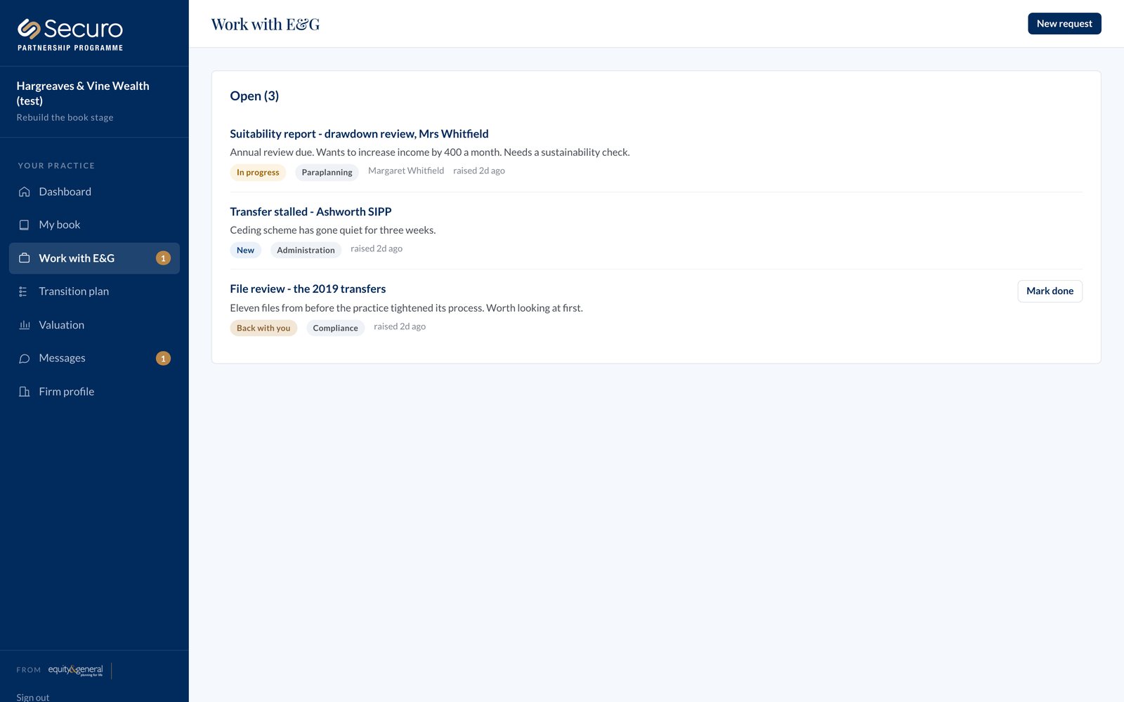 Work raised with Equity & General in the Securo adviser portal